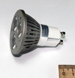 *JCDR 3LEDx1 CW   Лампа светодиодная (4,2W AC220V MR16 GU10 3LED 210Lm IP20) (5650-6300K холодный белый свет), прозрачный-серо/белый-стальной, пластик-металл
